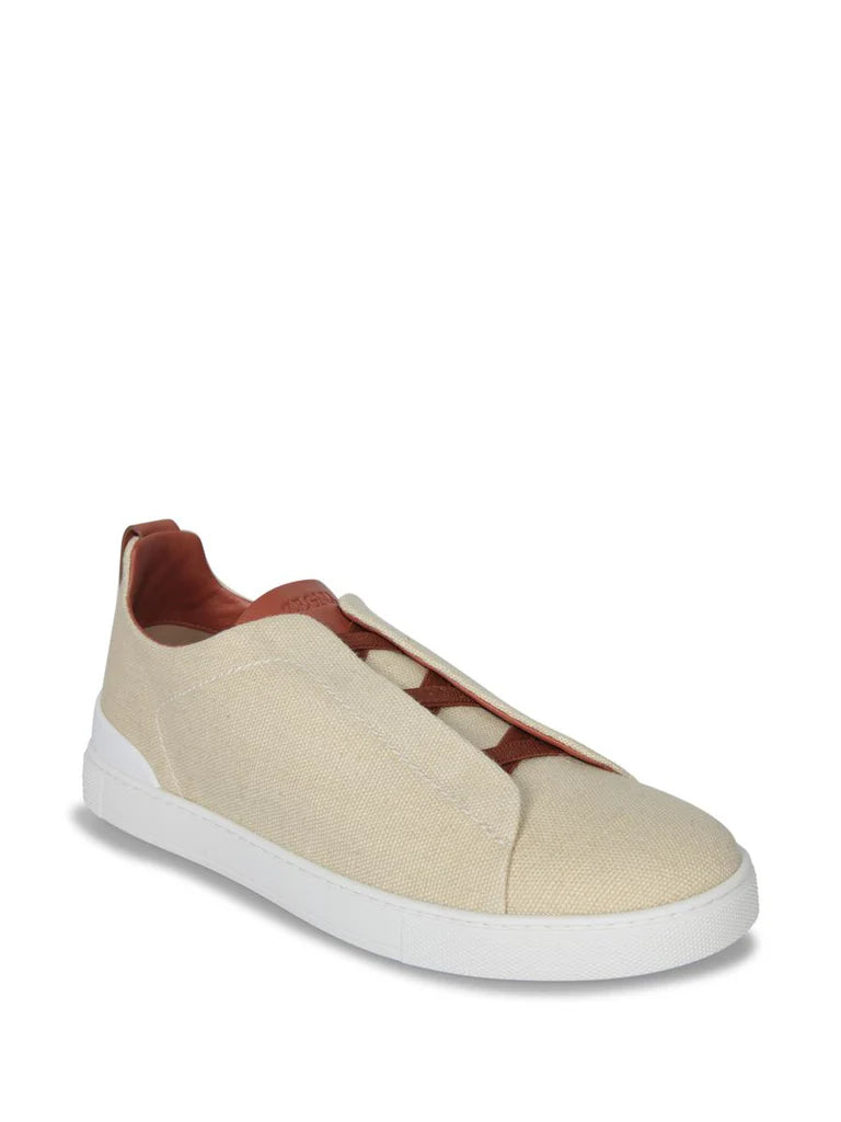 Zegna Beige Linen Sneakers with Brown Leather Accents
