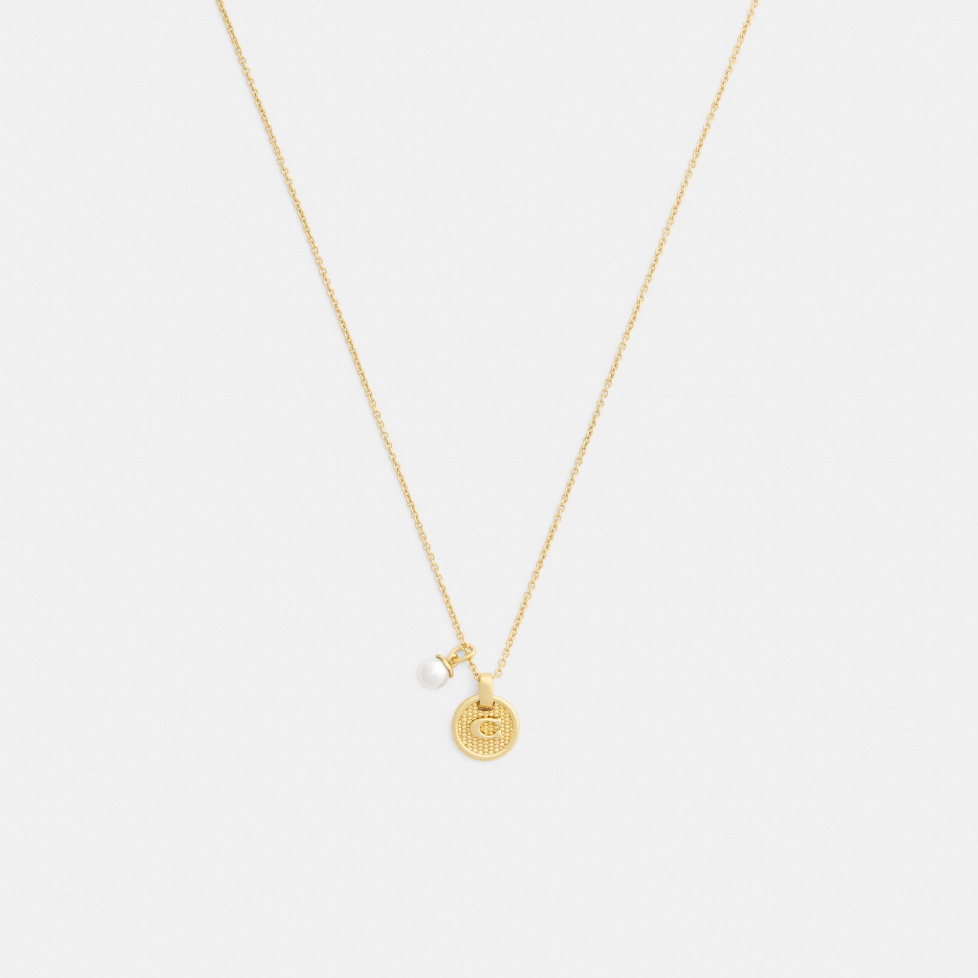 Textured Signature Coin And Pearl Pendant Necklace