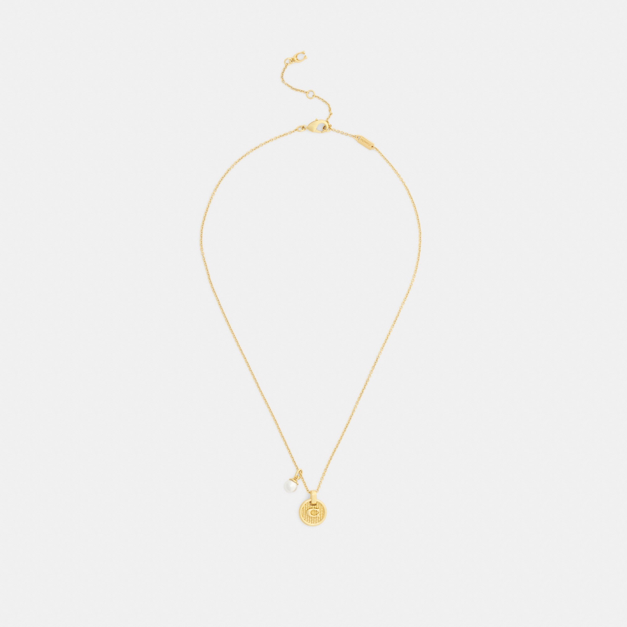 Textured Signature Coin And Pearl Pendant Necklace