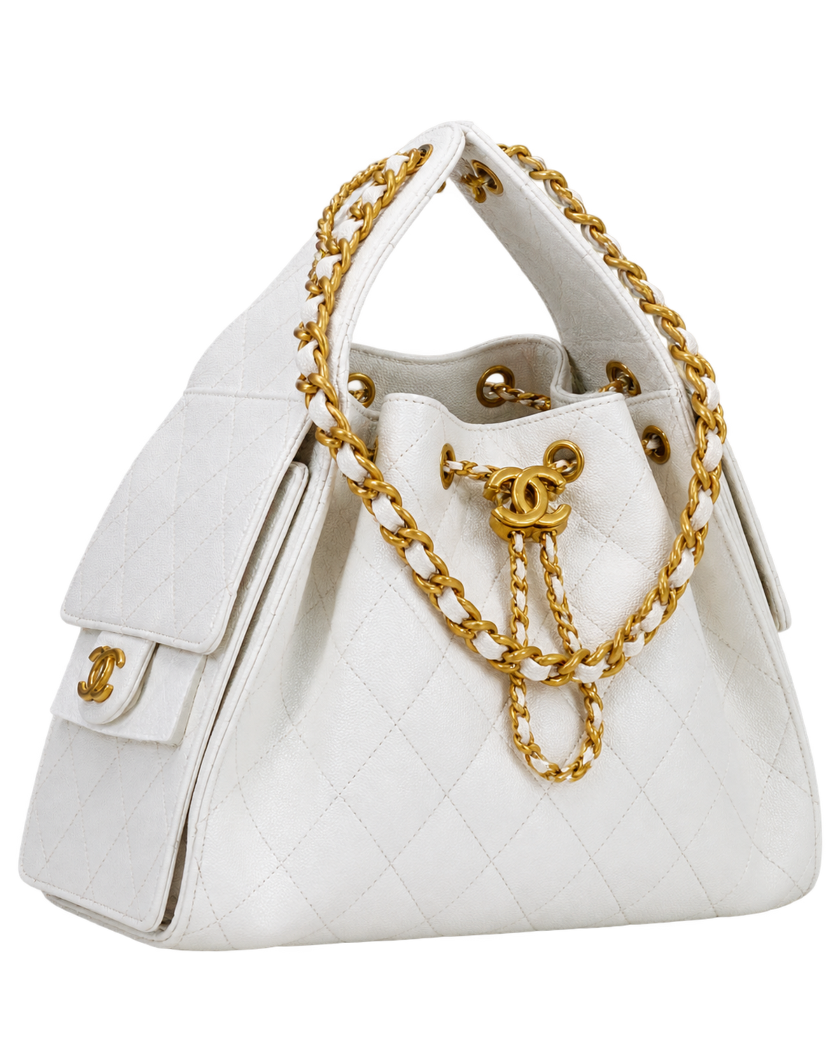 Chanel 25 Small Handbag White Grained Calfskin