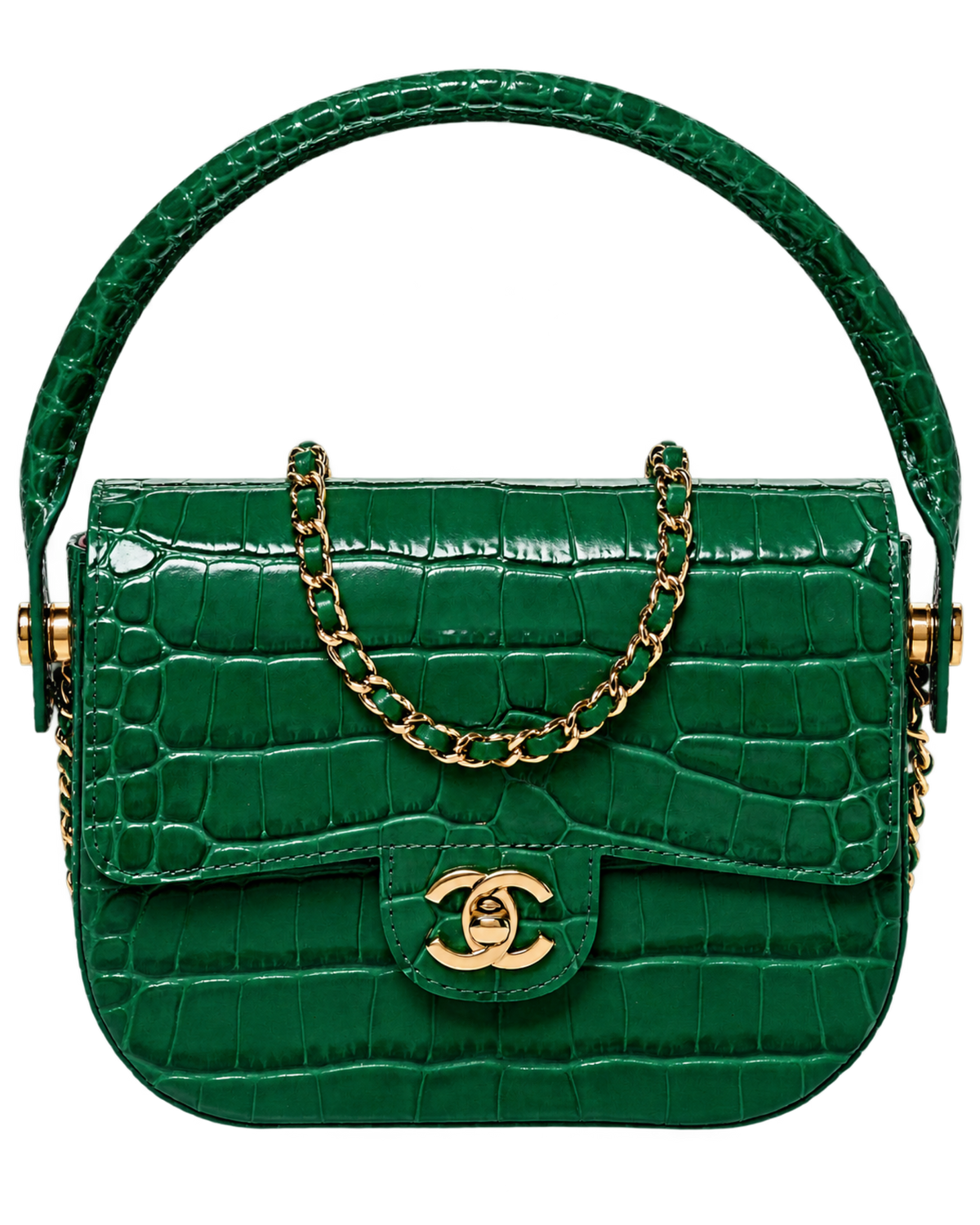 Chanel Calfskin Crocodile Embossed Turn Around Mini Flap Emerald