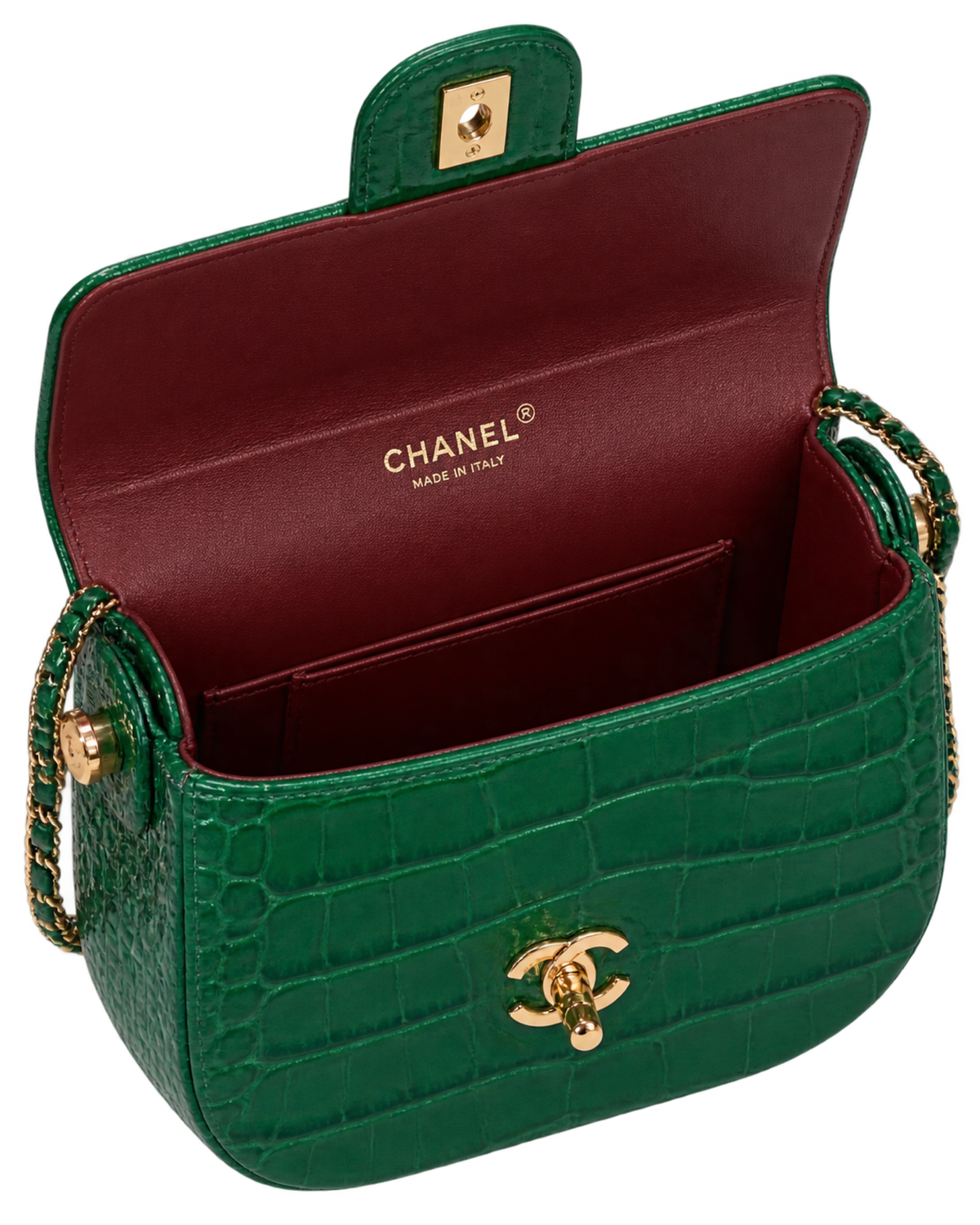 Chanel Calfskin Crocodile Embossed Turn Around Mini Flap Emerald