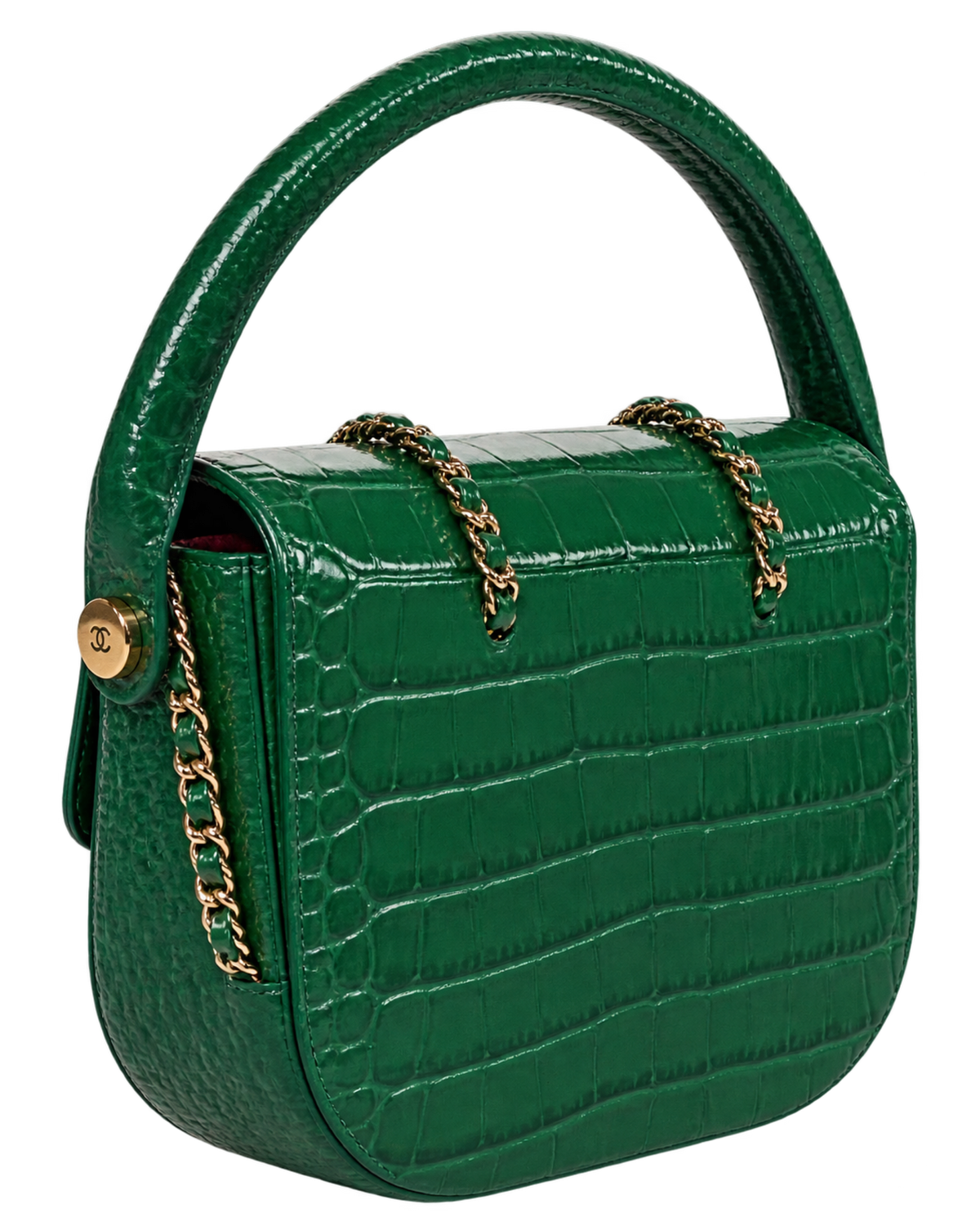 Chanel Calfskin Crocodile Embossed Turn Around Mini Flap Emerald