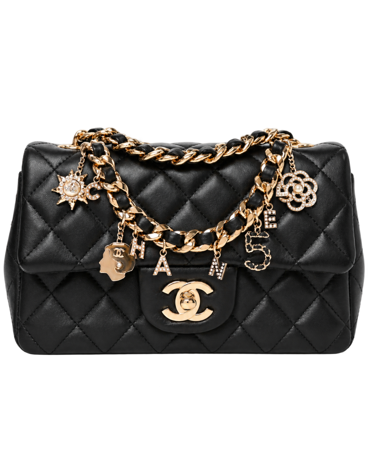 Chanel Lambskin Quilted Mini Coco Charms Rectangular Flap Black