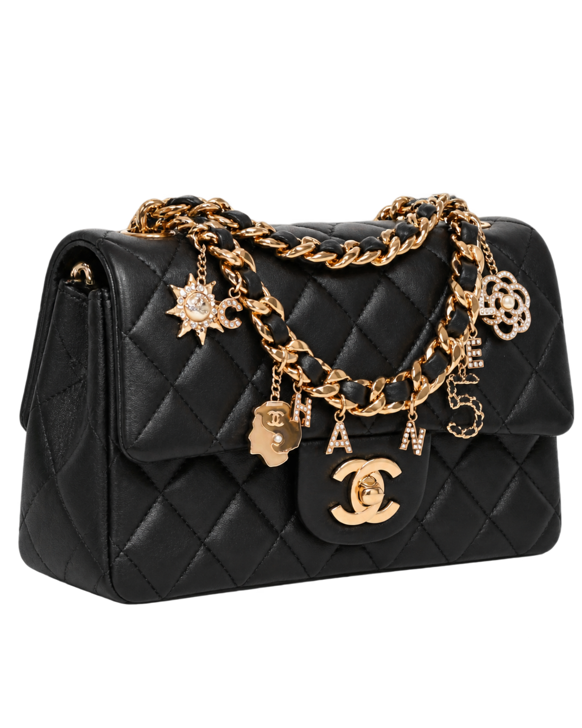 Chanel Lambskin Quilted Mini Coco Charms Rectangular Flap Black