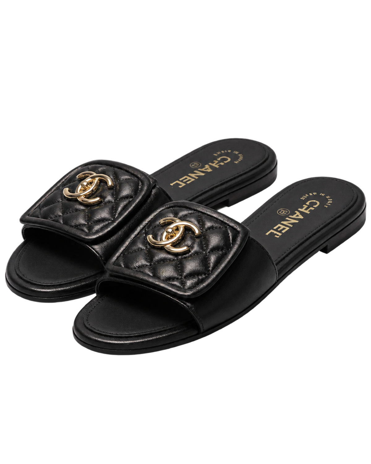 Chanel Lambskin Quilted Turnlock Flat Mules Black