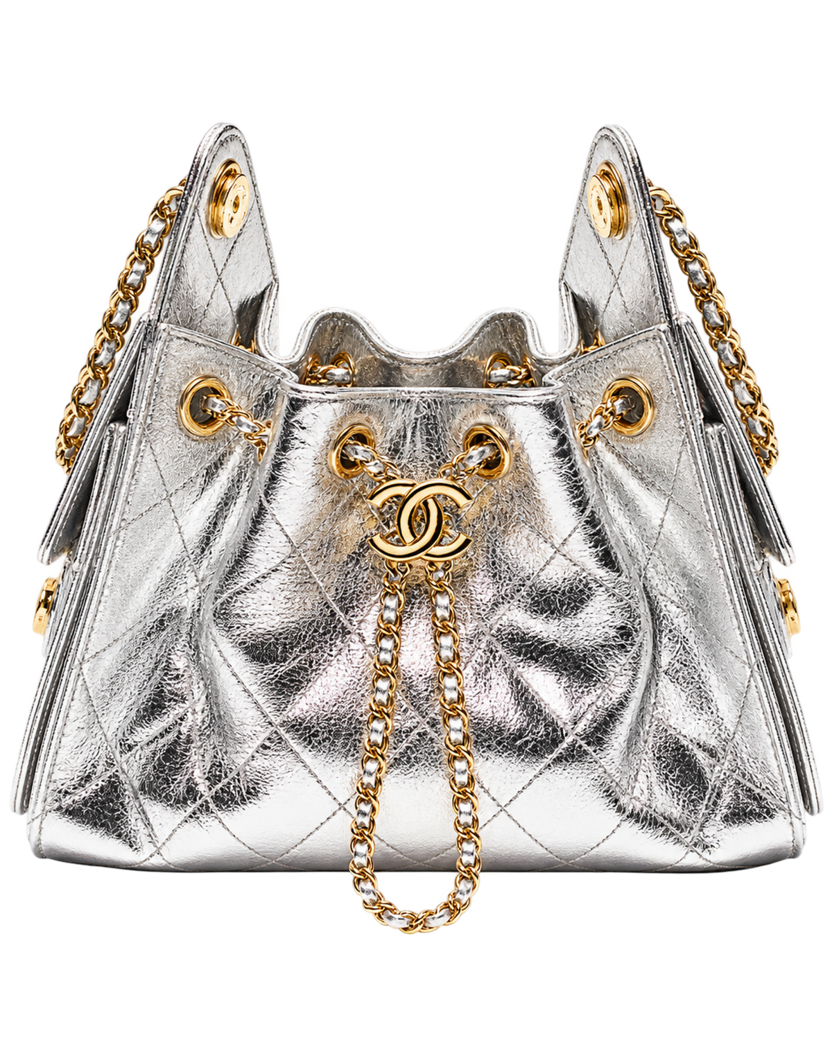 CHANEL mini bag 25 Metallic calfskin & gold-tone metal Silver
