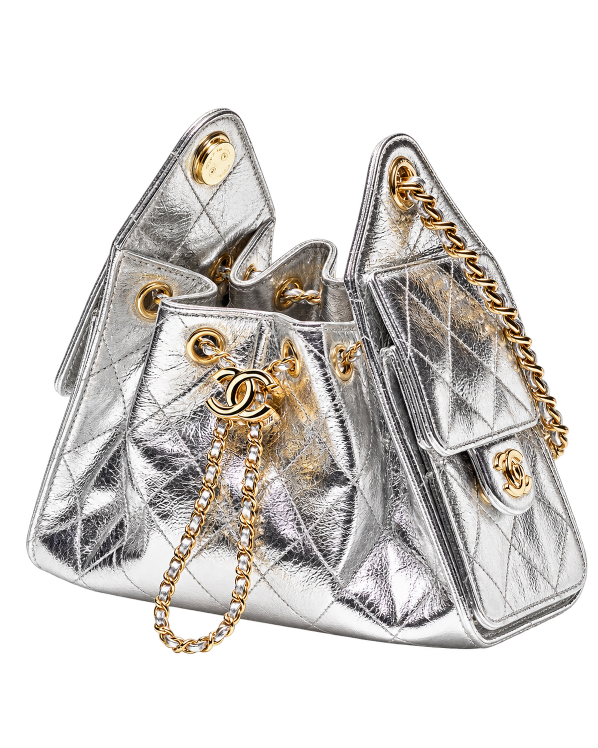 CHANEL mini bag 25 Metallic calfskin & gold-tone metal Silver