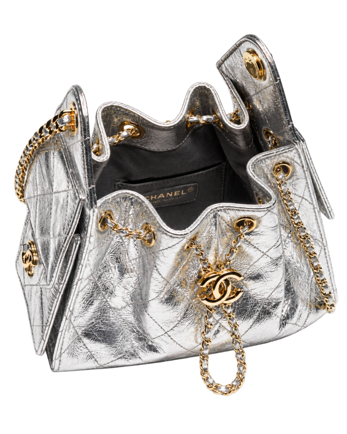 CHANEL mini bag 25 Metallic calfskin & gold-tone metal Silver