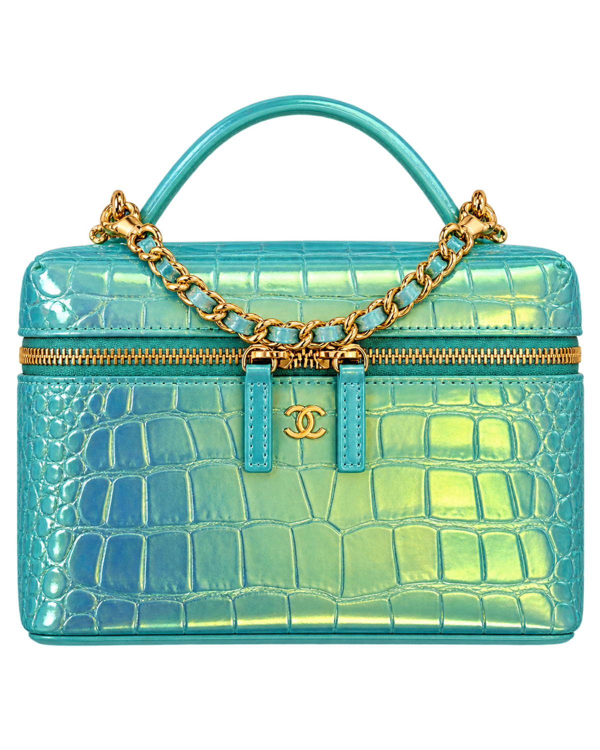 CHANEL Vanity with Chain in Crocodile Embossed Iridescent Calfskin and Gold-Tone Metal