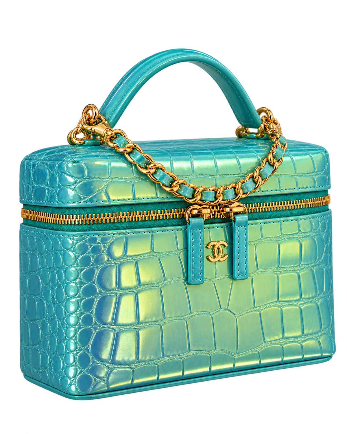 CHANEL Vanity with Chain in Crocodile Embossed Iridescent Calfskin and Gold-Tone Metal