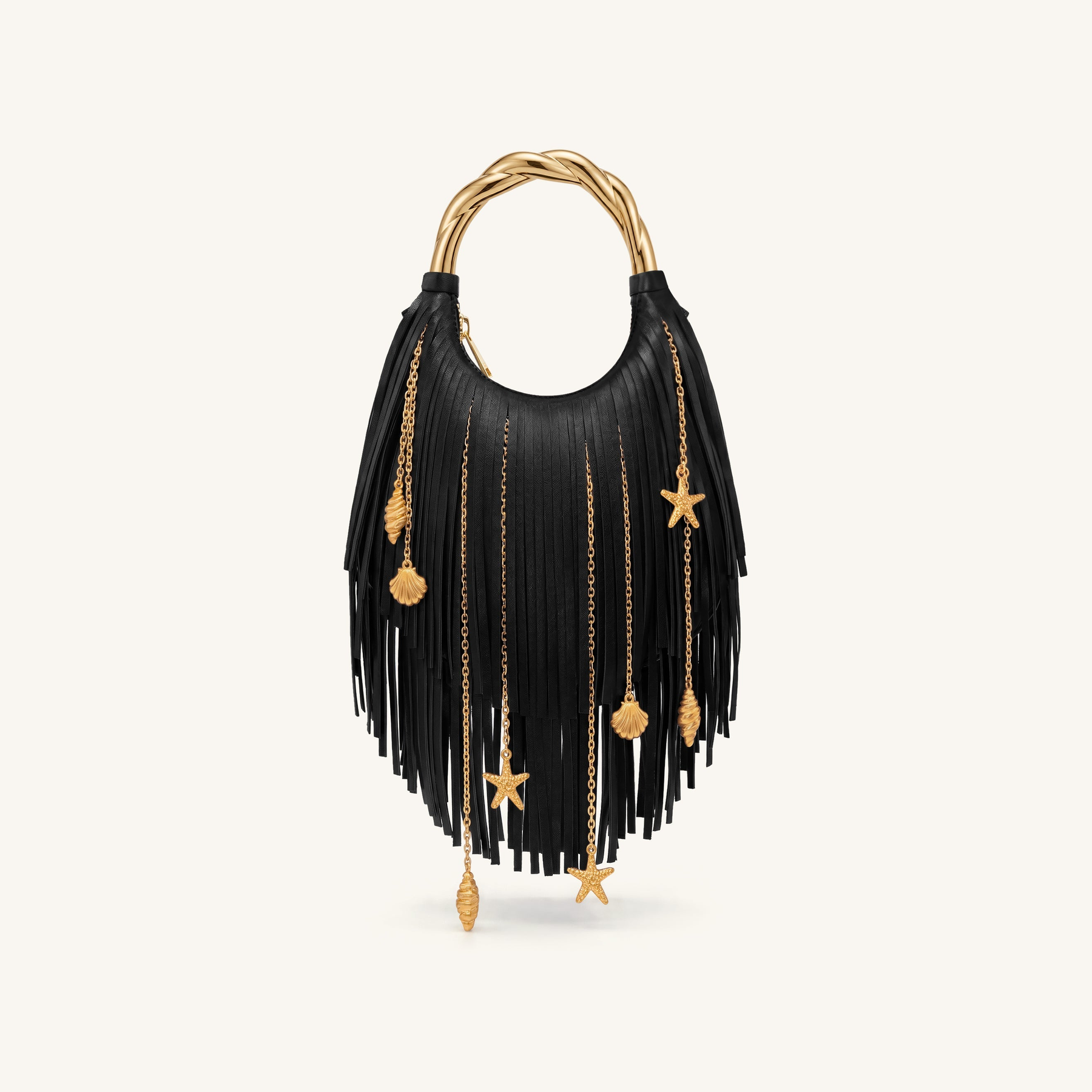 Chloe Metal Handle Fringe Top Handbag - Black