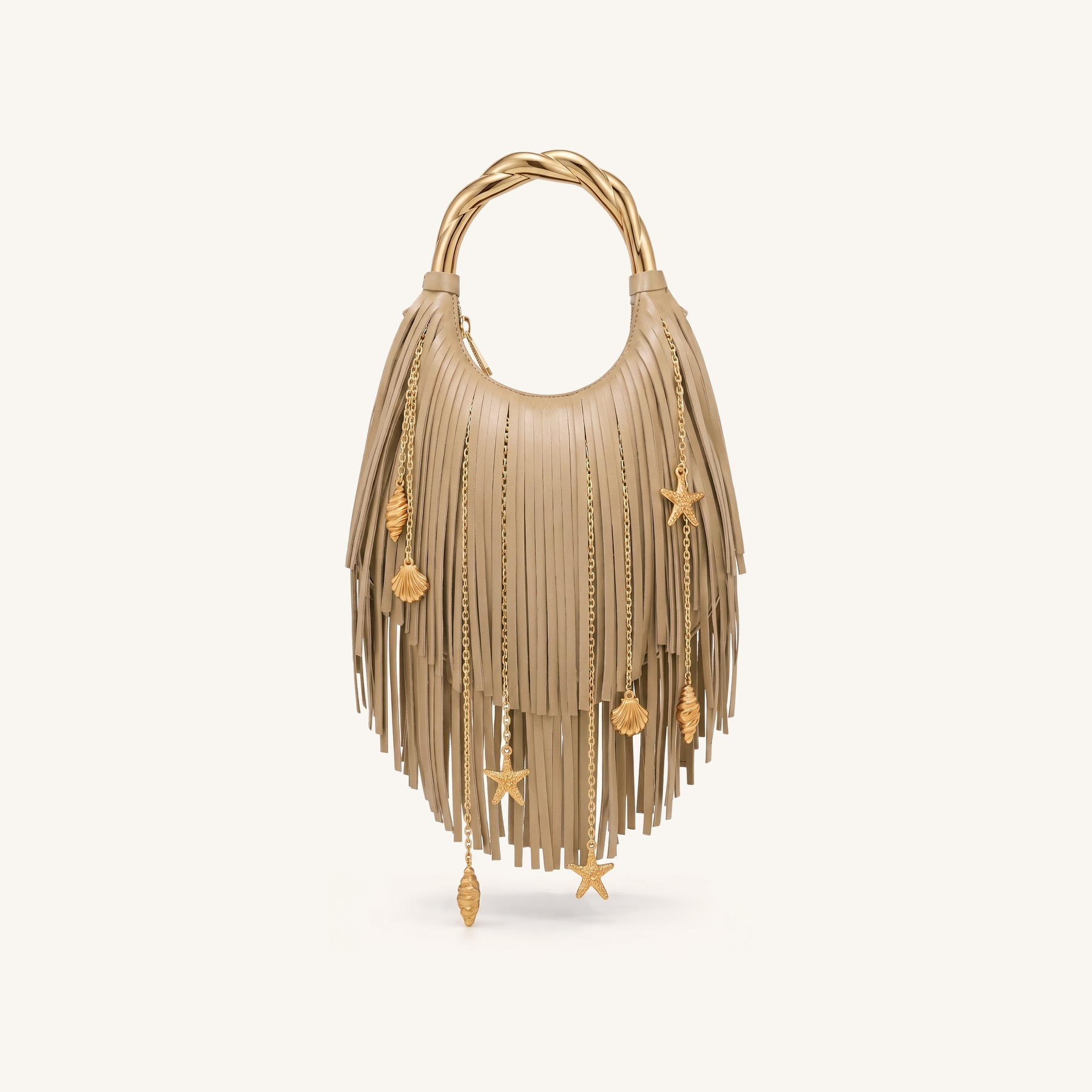 Chloe Metal Handle Fringe Top Handbag - Khaki