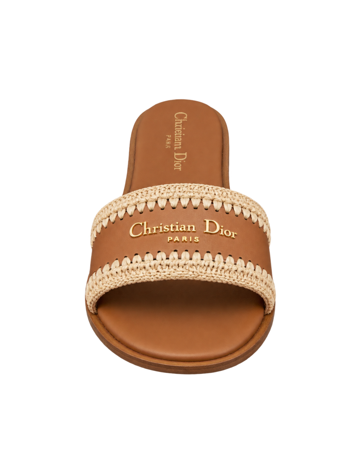 Christian Dior D-Lane Flat Slide Sandal in Camel Calfskin and Raffia