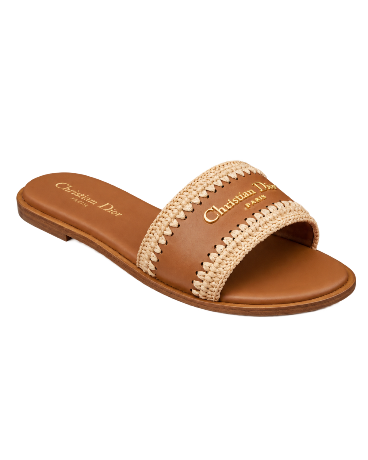 Christian Dior D-Lane Flat Slide Sandal in Camel Calfskin and Raffia