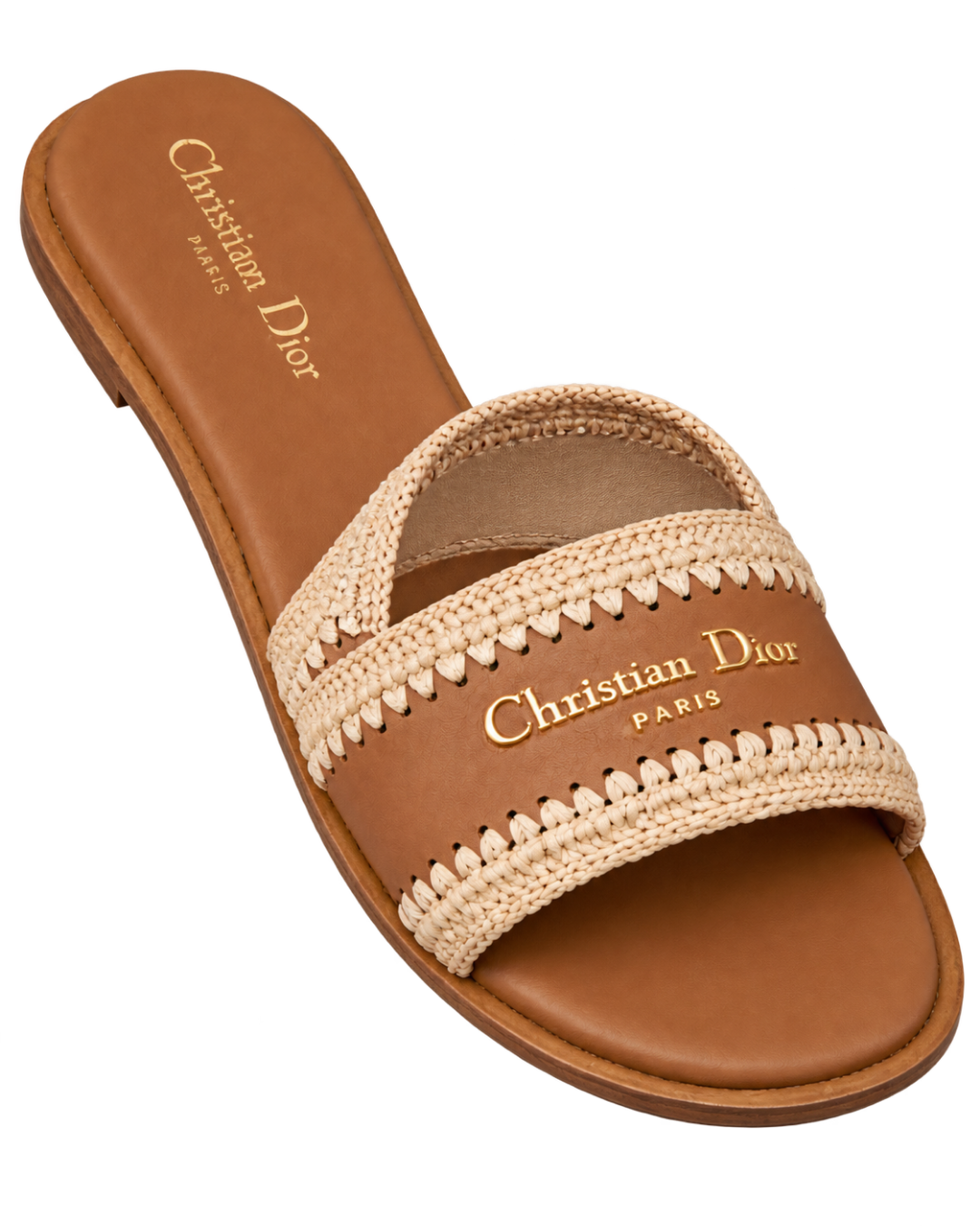 Christian Dior D-Lane Flat Slide Sandal in Camel Calfskin and Raffia