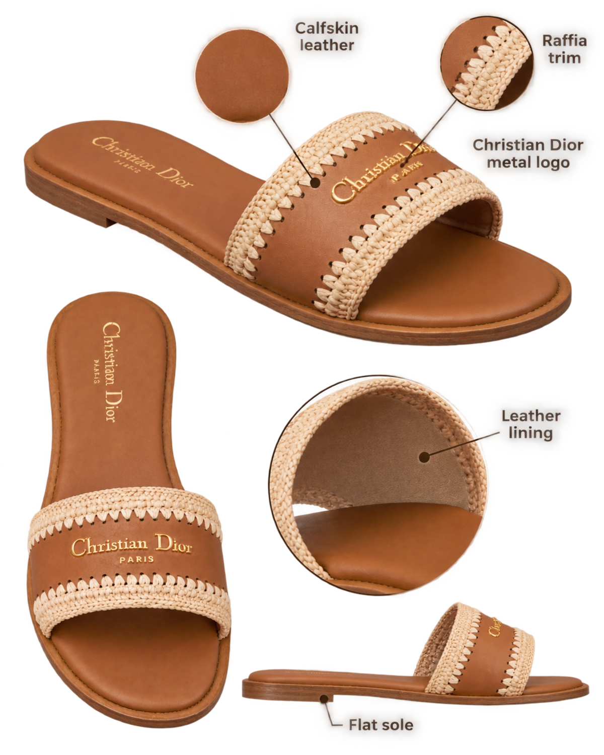 Christian Dior D-Lane Flat Slide Sandal in Camel Calfskin and Raffia