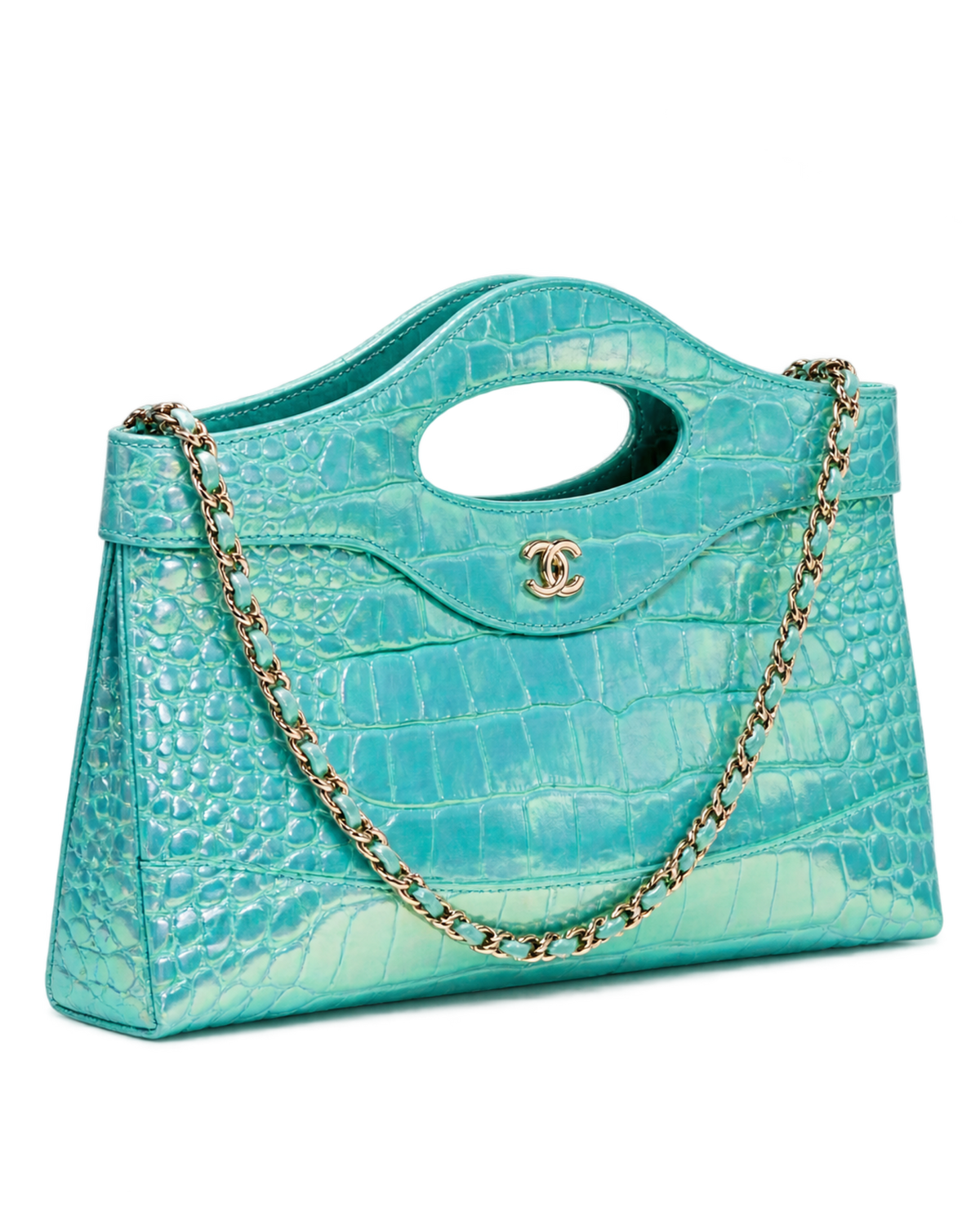 Clutch with chain Crocodile Embossed Iridescent Calfskin & Gold-Tone Metal Turquoise