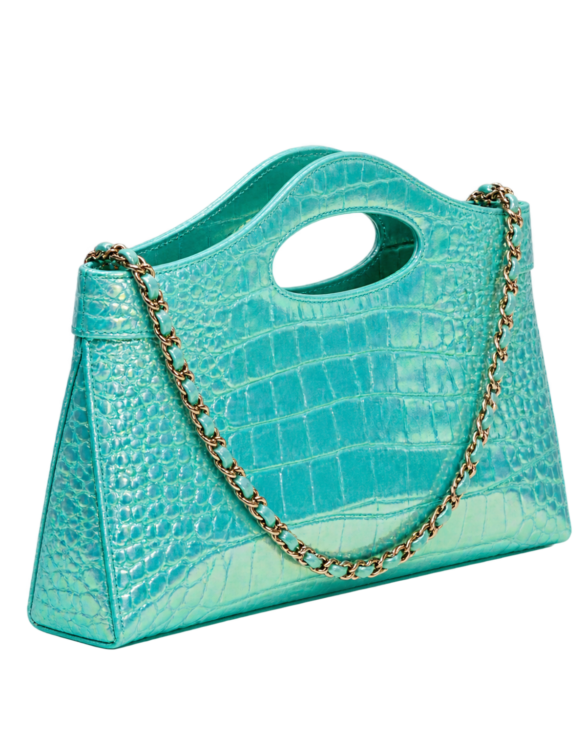 Clutch with chain Crocodile Embossed Iridescent Calfskin & Gold-Tone Metal Turquoise