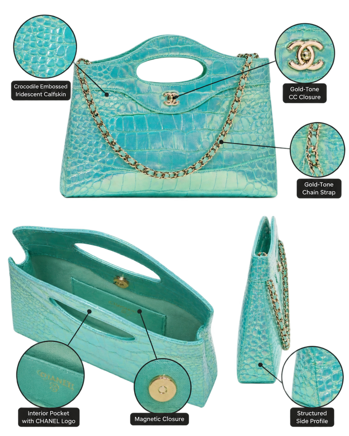 Clutch with chain Crocodile Embossed Iridescent Calfskin & Gold-Tone Metal Turquoise