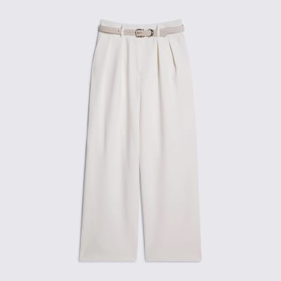 Cream Belted Wide Leg Trousers