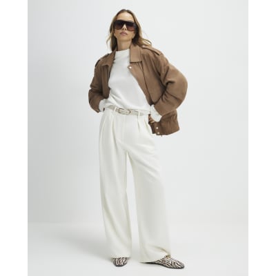 Cream Belted Wide Leg Trousers