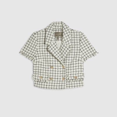 Cream Boucle Checked Short Sleeve Jacket