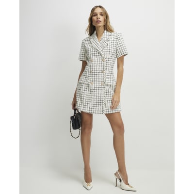 Cream Boucle Short Sleeve Check Mini Dress