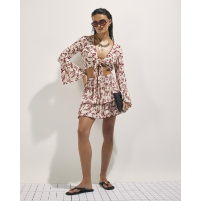 Cream Coral Print Tie Top And Skirt Set