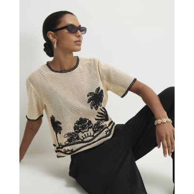Cream Crochet Palm Print Boxy Top