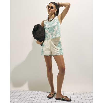 Cream Embroidered Shorts