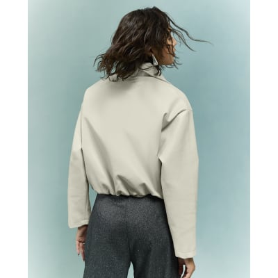 Cream Faux Leather Bubble Hem Bomber Jacket