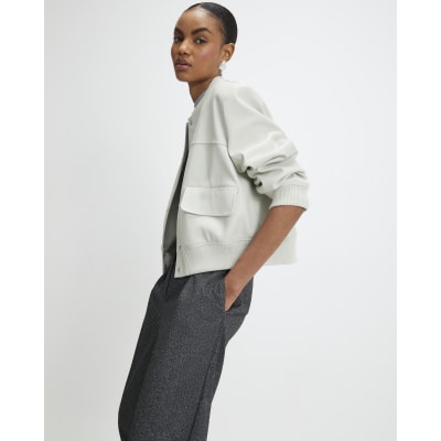 Cream Faux Leather Cropped Bomber Jacket