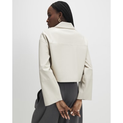 Cream Faux Leather Cropped Overshirt