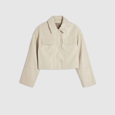 Cream Faux Leather Cropped Overshirt