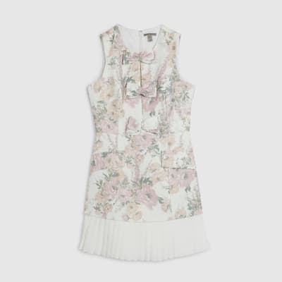 Cream Floral Bow Front Boucle Dress