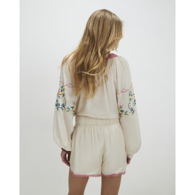 Cream Floral Embroidered Shorts
