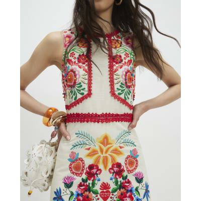 Cream Floral Print Cut Out Maxi Dress