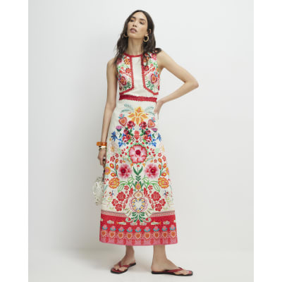 Cream Floral Print Cut Out Maxi Dress