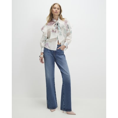 Cream Floral Pussybow Blouse