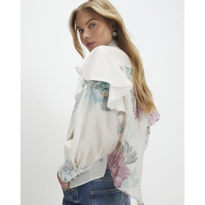 Cream Floral Pussybow Blouse