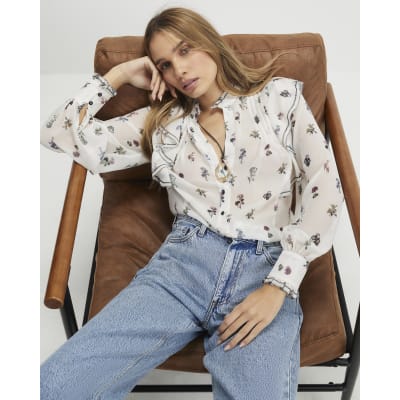 Cream Floral Ruffle Detail Blouse