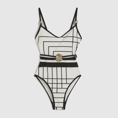 Cream Geometric Stripe Swimsuit