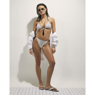 Cream Geometric Stripe Triangle Bikini Top