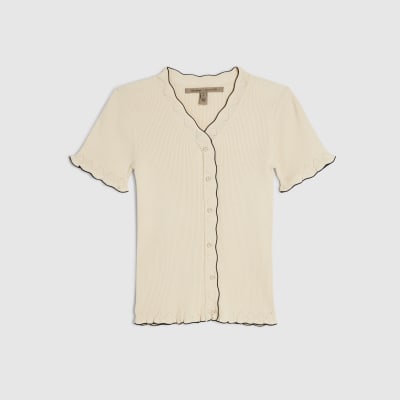 Cream Knitted Frill Trim Ribbed Top