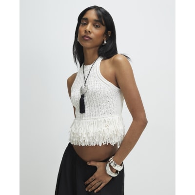 Cream Knitted Fringe Trim Vest Top