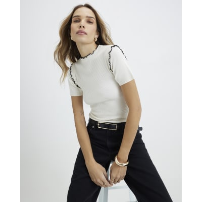 Cream Knitted Short Sleeve Frill Top