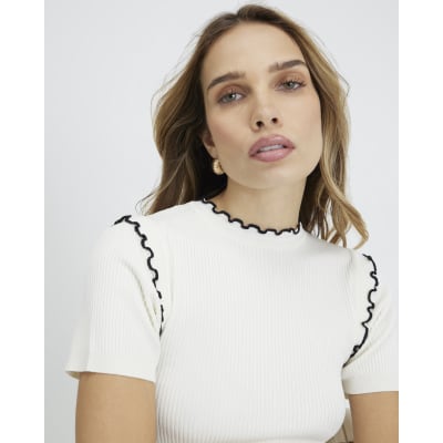 Cream Knitted Short Sleeve Frill Top