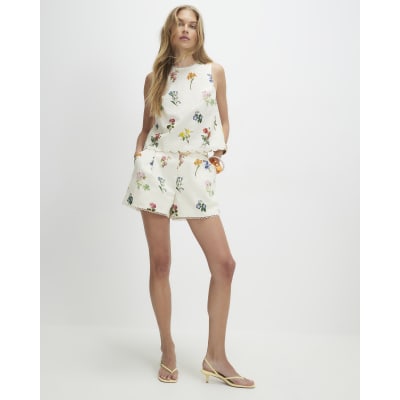 Cream Linen Blend Floral Belted Shorts