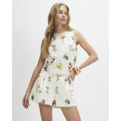 Cream Linen Blend Floral Print Tank Top